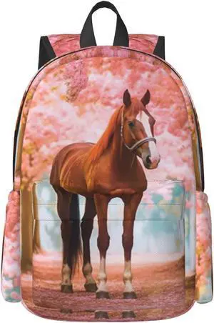 FeHuew 16 inch backpack 3D Horse Flowers Cherry Laptop Backpack Full Print School Bookbag Shoulder Bag for Travel Daypack