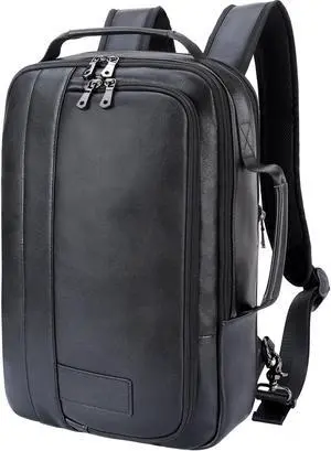 Masa Kawa Slim Leather 15.6" Laptop Backpack for Men Convertible Briefcase Backpacks Expandable Black Business Work Bag Slim Travel Daypack