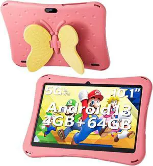 Naclud Tablet for Kids, 10 Inch Android 13 Kids Tablet with Case, 4(2+2) GB RAM 64GB ROM,KIDOZ Pre-Installed Toddlers Tablet, Parental Control, 5000mAh, Dual Camera, 5GWiFi, Baby Girl boy Gift(Pink)