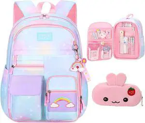 PRNGCAN Girls Backpack Starry Rainbow Bookbag Cute Large Capacity Backpack Multifunction Fashion Casual Laptop Travel Bag For Girl (Blue-17inch)