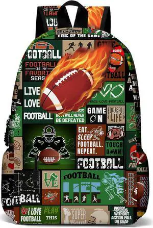 ROVOZAR Fire Football School Backpack for Boys Bookbag, 17 Inch Football Backpack for School, Kids Footballs Sports Theme Laptop Back Pack for School Travel Hiking Camping