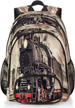 TropicalLife Vintage Steam Train Bookbag 18 Inch School Backpack Teens Girls Boys Schoolbag Shoulder Computer Hiking Gym Travel Casual Travel Daypack