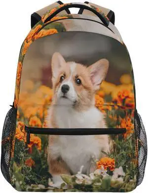 Pfrewn Little Corgi Pembroke Puppy Adventures Flowers Backpacks for Girls Boys Dog Animals Floral School Backpack Bookbags for Kids Students 16"