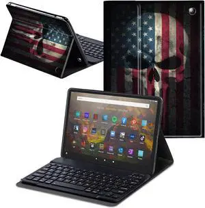 CAPAUNVDA for Fire HD 10 & HD 10 Plus Tablet Case with Keyboard (13th/11th Gen, 2023/2021 Release) 10.1 Inch,Soft PU Stand Folio Cover with Detachable Wireless Keyboard,Skull Flag