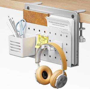 PEGZONE Desk Side Storage Organizer, No Drill Under Desk Laptop Holder, Clamp on Desk Shelf with Pegboard Accessories, Hanging Laptop Mount, Fits Flat Edge Desks 0.4" to 2.2", White