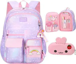 PRNGCAN Girls Backpack Starry Rainbow Bookbag Cute Large Capacity Backpack Multifunction Fashion Casual Laptop Travel Bag For Girl (Purple-17inch)