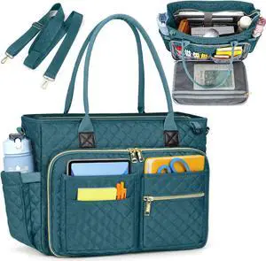 RAINSMORE Teacher Tote Bag 15.6 inch Laptop Bag for Women Work Bags Laptop Tote Nurse Bag Professional Computer Messenger with Insulated Pocket, Laptop Briefcase for Office, College, Nursing, Teal