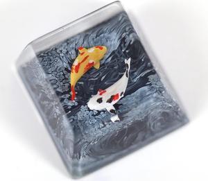 MECHKYP Handmade Koi Fish Backlit Resin Keycap R4/Esc Artisan Keycap Shine Through Translucent Key Cap OEM Profile for Cherry MX Gaming Mechanical Keyboard DIY Replace,Gift for Him (Grey-Black)