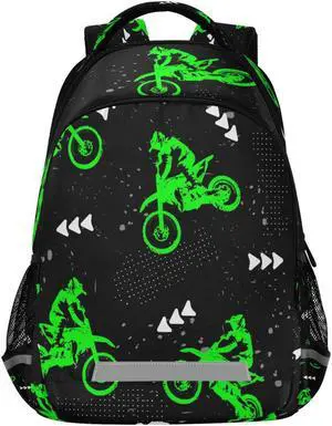 Vozoza Green Motocross Sport Backpack for Girls Kids Boys School Bookbags, Student Laptop Backpack Carrying Bag Casual Lightweight Travel Sports Day Packs