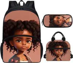 ZOUTAIRONG African American Girls Backpack Lunch Box Set 3 in 1 School Bag Afro Black Girl Bookbag for Teen Women Laptop Backpack 17 Inch Pencil Case Purse