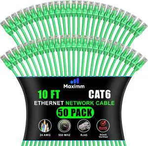 Maximm Cat 6 Ethernet Cable 10 ft (50-Pack) - High-Speed LAN Cable, Internet Cable, Patch Cable, and Network Cable - UTP, 10Gbps, 550MHz Ethernet Cord - Green