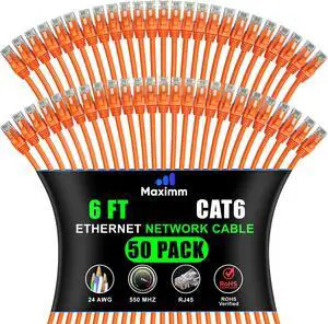 Maximm Cat 6 Ethernet Cable - 6 ft (50-Pack) - High-Speed LAN, Internet, Patch, and Network Cable - UTP, 10Gbps, 550MHz Ethernet Cord - Orange