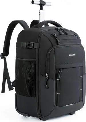 BAGSMART Rolling Backpack, 17 Inch Travel Laptop Wheeled Backpack, 40L Large Carry-On Luggage with Wheels for Men Women, Water-Resistant Overnight Work College Trolley Bag, Black