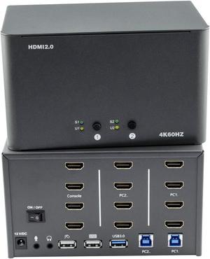 KVM Switch 4 Monitors 2 Computers, HDMI 4K@60Hz KVM Switch with USB3.0, 2 Computers Share One Set of Keyboard, Mouse and Monitors, Supports Windows/Mac/Linux