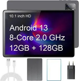 N-one Android 13 Tablet, 10.1 Inch HD Touch Screen 12G 128G 8-Core & 1TB Expand Computer Tablets, Dual Camera WiFi GPS Bluetooth and Google GMS Certified with Tablet Case and Glass