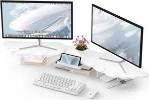 AFOOYO Dual Monitor Stand Riser,Wing-Shaped Sturdy Desktop Computer Wood Stand for 2 Monitors White Monitor Riser for Laptop, PC, Computer,White