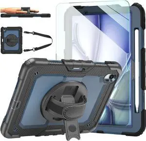 Ambison Case for iPad Air 11'' M3/M2 2025/2024, iPad Air 7th/6th Generation Case, [Kids Proof] Heavy Duty with 9H Tempered Glass Screen Protector, 360° Rotatable Kickstand/Hand Strap (Steel Blue)