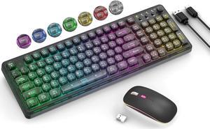Black Light Up Keyboard and Mouse Wireless,Cute 2.4Ghz Cordless Rechargeable Transparent Backlit Keyboard,15 Backlight Effects,Volume Knob,RGB Mouse with 3 DPI for Mac Computer PC Laptop Desktop iPad