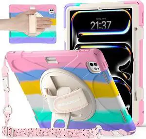 BRAECNstock Kids Case for Apple iPad Pro 13 inch 2024 (M4 7th Gen),Shockproof Protective iPad 13 Pro Case with Pen Holder [360 Rotating Hand Strap & Stand], Shoulder Strap, Colorful Pink