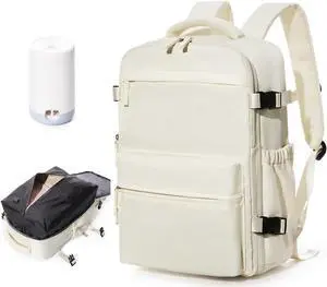 BOXSAM Large Vacuum Travel Backpack with Pump for Women,Airback Personal Item Carry on Backpacks Flight Approved 18x14x8 inches for Men,Laptop Waterproof Work Compression bags Casual Daypack,Beige