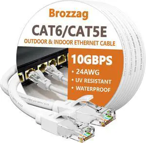 Brozzag 200 Ft Ethernet Cable for Cat 5e/Cat6, 10Gbps 24AWG Cat5e Network Cable, Direct Burial Cable, UTP, LLDPE, RJ45 Patch LAN Cord, Waterproof, Indoor&Outdoor, Cat5E Internet Cable in White for PC