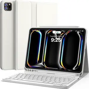 CHESONA for iPad Pro 11 Inch (M4) 2024 Case with Keyboard, Magnetic Detachable Keyboard, Precise Cutouts Case with Pencil Holder, Rechargeable Wireless Folio Keyboard Case for iPad Pro 11'', White