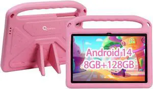 CWOWDEFU Kids Tablet,Android 14 Tablet for Kids 10 inch,with Family Link Parental Control,8GB+128GB Up to 1TB,WiFi 6,GMS,Learning Tablets for Toddlers,Shockproof EVA Case (Pink)