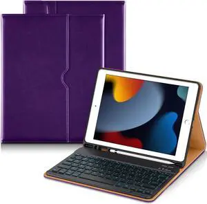 DTTO for iPad 9th/8th/7th Generation 10.2 Inch Case 2021/2020/2019 with Keyboard, 7 Colors Backlit Wireless Detachable Keyboard Premium Leather Folio Cover with Pencil Holder & Pocket, Dark Purple