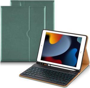 DTTO for iPad 9th/8th/7th Generation 10.2 Inch Case 2021/2020/2019 with Keyboard, 7 Colors Backlit Wireless Detachable Keyboard Premium Leather Folio Cover with Pencil Holder & Pocket, Midnight Green