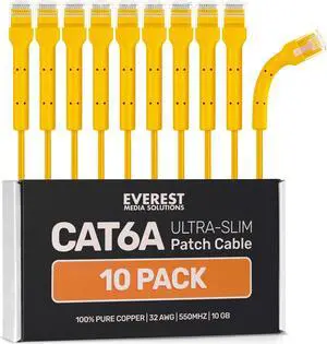 Everest Ultra Slim Cat6a Ethernet Patch Cables 15ft (10-Pack) Yellow - 10GB Cat 6a Patch Cable - Bendable, Flexible & Thin Ethernet Cable - Space Saving 32AWG 550MHZ Cat6a Cables - 100% Copper Wires