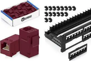 Everest Media Solutions Bundle  2 Items: 48-Port Keystone Patch Panel + 12 Pack of RJ45 CAT6 Keystone Couplers - Red