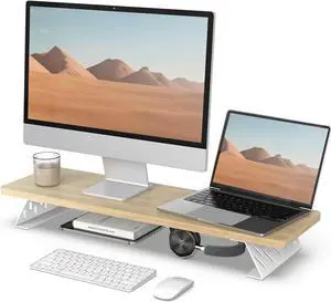Fenge Monitor Stand Riser, 32 Inch Desk Top Shelf for 2 Monitors, Computer Stands for Desk, Wood & Steel Desktop Riser for Laptop, PC, Printer