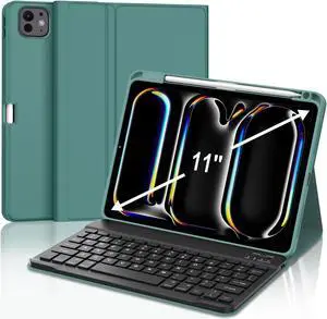 iPad Pro M4 11 inch Case with Keyboard, Detachable Wireless Bluetooth Keyboard, Slim Smart Folio Cover with Pencil Holder for iPad Pro 11'' (2024 Gen 7), Auto Sleep/Wake, Long Battery Life, Dark Green