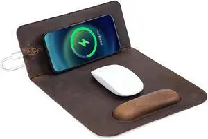 Hiram Premium Crazy Horse Leather Mouse Pad with 15W Wireless Charging - Ergonomic Wrist Rest, Waterproof, and High-End Cowhide Touch(9inx13in)
