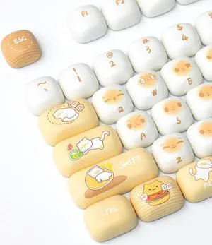 Hunfuthr PBT Cute MOG Profile Keycap,137 Keys Yellow Round Keycaps Set, Kawaii Custom Dye-Sublimation Keycap for 100% 75% 65% 60% Cherry Mx Mechanical Keyboard (Bread Cat)