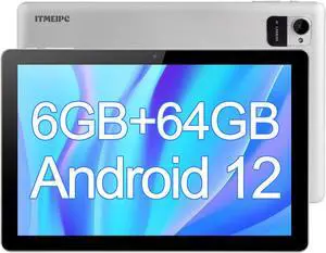 ITMEIPC 10 inch Tablet Android 12 Tablets, 6GB RAM 64GB ROM 128GB Expandable, 4-Core Processor, 1280 * 800 HD IPS Touch Screen, 2+5MP Dual Camera, WiFi, Bluetooth 5.2, 6000mAh Battery (Space Silver)