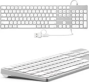 All- Aluminum Wired Keyboard for Mac OS - Full Size USB Keyboard with Numeric Keypad, Plug and Play Compatible with iMac, MacBook, iPad, Mac Mini, Durable Metal Design (Silver)