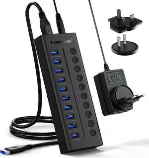 Lemorele 10-Port 24W USB3.0 Powered USB Hub with Individual LED On/Off Switches, USB Splitter Support 5Gbps Data Transfer & 5V 0.9A Charge for Phone, Power Bank, TWS etc.