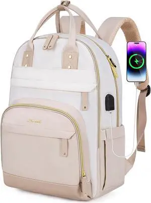 LOVEVOOK Laptop Backpack for Women, 15.6 Inch Travel Anti-theft Laptop Bag, Fashion College Work Business Backpacks Purse, Warterproof Teacher Computer Professional Daypack, Beige white - grey pink