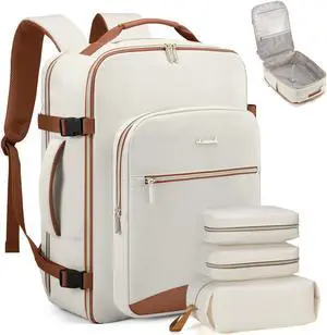 LOVEVOOK Carry on Travel Backpack, 40L Waterproof Large 17inch Laptop Luggage Daypack as Personal Item Flight Approved, Business Weekender Overnight with 3 Packing Cubes, Beige-Brown