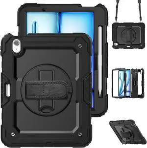 Loyrina for iPad Air 11 inch Case 2025 M3 2024 (M2), Protective 360° Rotating Stand Hand/Shoulder Strap, Pencil Holder & Shockproof Silicone and Hard PC Case for iPad Air 11", Black