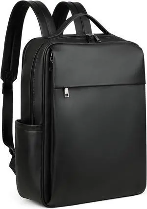 MASINTOR 15.6 inch PU Leather Laptop Backpack Purse for Women, Large College Casual Backpack Travel Bag Black