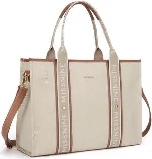 Missnine Tote Bag Canvas Laptop Bag 15.6 inch Briefcase for Women Large Capacity Handbag for Office, College, Travel (Beige+brown)