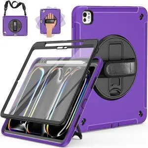 Miesherk Case for iPad Pro 13 Inch, Military Grade Heavy Duty Shockproof iPad 13 Case (2024, 7th Generation) - Screen Protector, Rotating Stand, Pencil Holder, Hand/Shoulder Strap, Purple