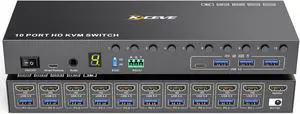 10 Port 8 Port KVM Switch HDMI 4K@60Hz EDID Simulation, USB 3.0 HDMI KVM Switch for 10 Computers Share 1 Monitor and 4 USB Devices, KVM Switches with Audio RS232 Wired Remote 12V Power and USB Cable
