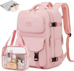 MOONBABY Travel Backpack Carry on Flight Approved for Women Fits 17 inch Laptop Large College Bookbag Personal Item Bag with Makeup Bag and Shoe Bag, Pink