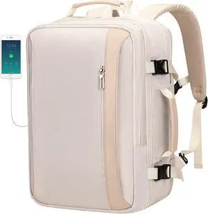 PIJUSHI Travel Backpack for Women Expandable Carry on Backpacks Flight Approved 40L 16 inch Laptop Bag with USB Port(PE034 Beige)