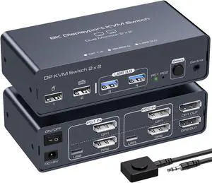 PVBCTCSID DisplayPort KVM Switch 2 Monitors 2 Computers 8K@60HZ 4K@120HZ Aluminum KVM Switch Dual Monitor KVM Switcher 2 Monitors for 2 Computers Sharing 4 USB Devices with Desktop Controller
