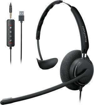 Rownfusny R06S Mono Wired USB Headsets for PC with Noise-Cancelling Microphone, Call Answer Button for MS Teams & IP Phones, Lightweight Design & Memory Foam Cushions for All-Day Comfort (Black)