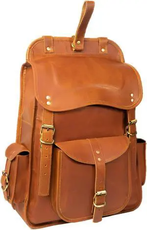 Satchel And Fable Vintage Full Grain 21 Inch Leather Laptop Large Backpack Casual Bookbag Daypack Camping Travel Rucksack Knapsack